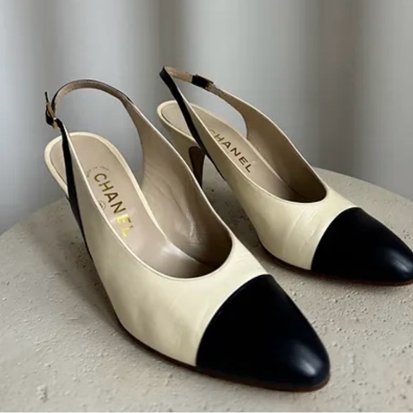 CHANEL Shoes - CHANEL Black and Cream Slingback Heels